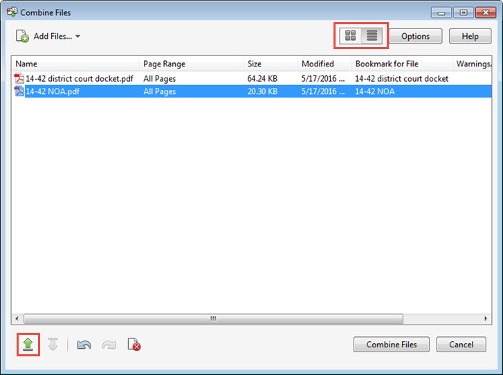 Combine files dialog box