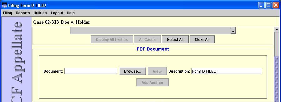 Filing information screen