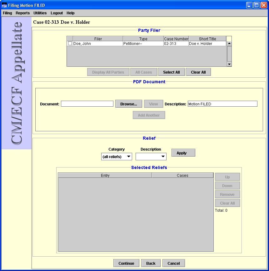 File a Document window with filing category and type selected