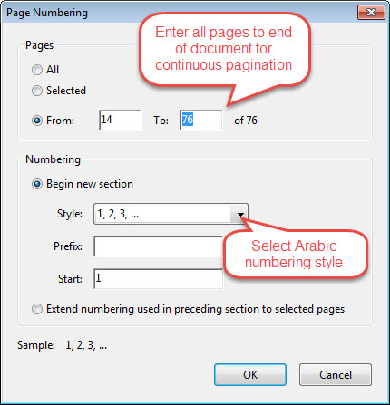 Page numbering dialog box