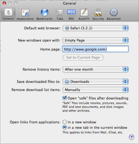 Safari preferences