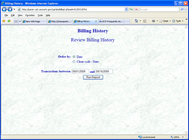 Second Circuit PACER screen for running a billing
      history report