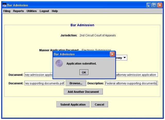 Application submitted dialog box