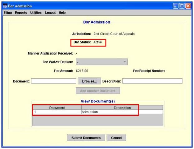 Bar status and view document(s) highlighted