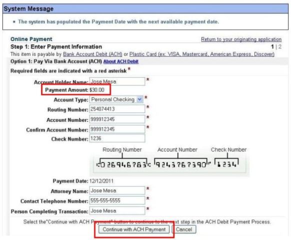 Continue with ACH payment