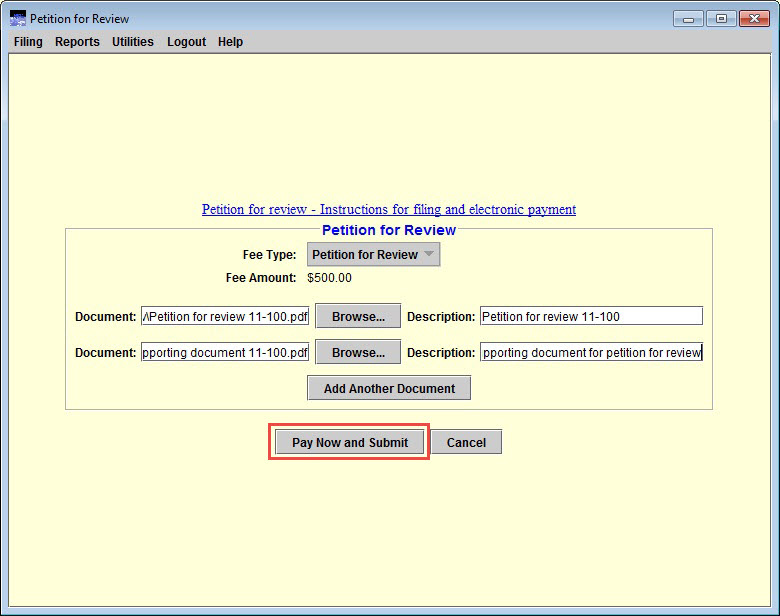 Pay now and submit highlighted