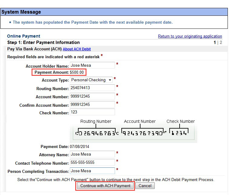 Continue with ACH payment