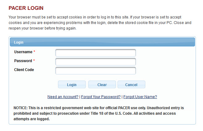 PACER login screen