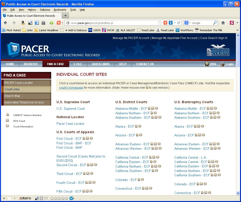 PACER Service Center links