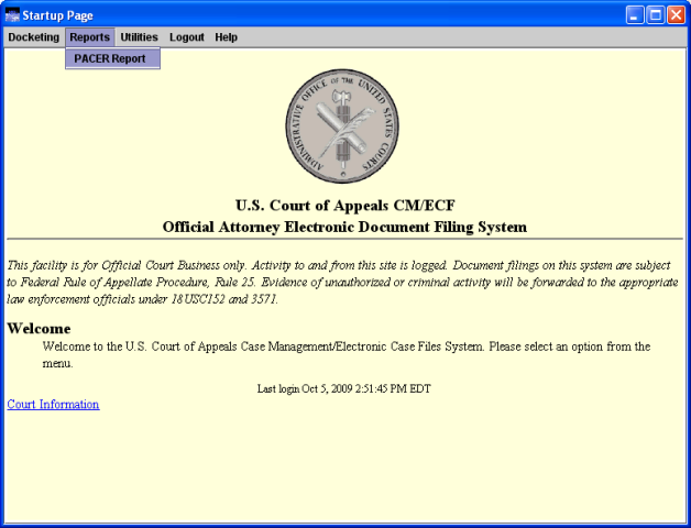 Startup page with Reports > PACER Report open