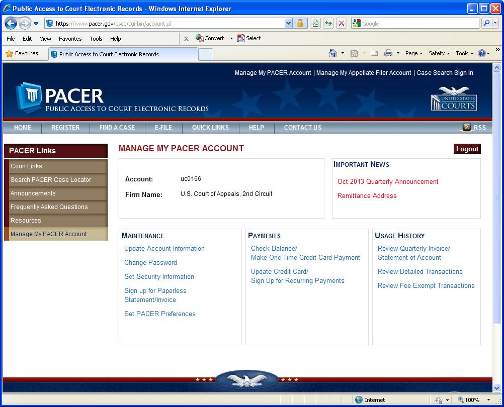 PACER Service Center Account Information screen