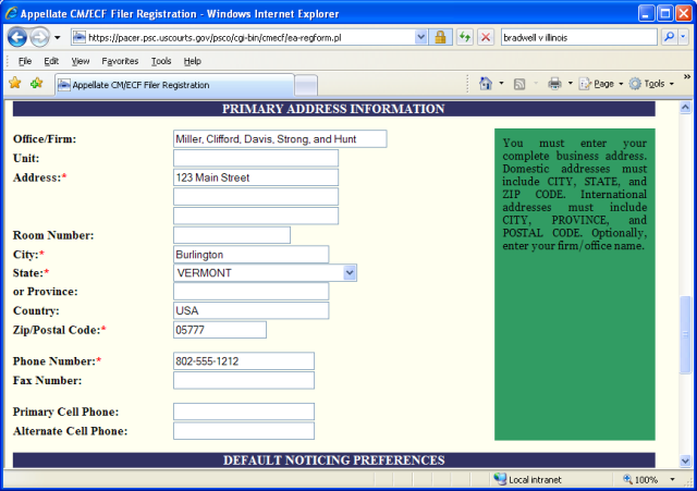 Primary Address Information screen