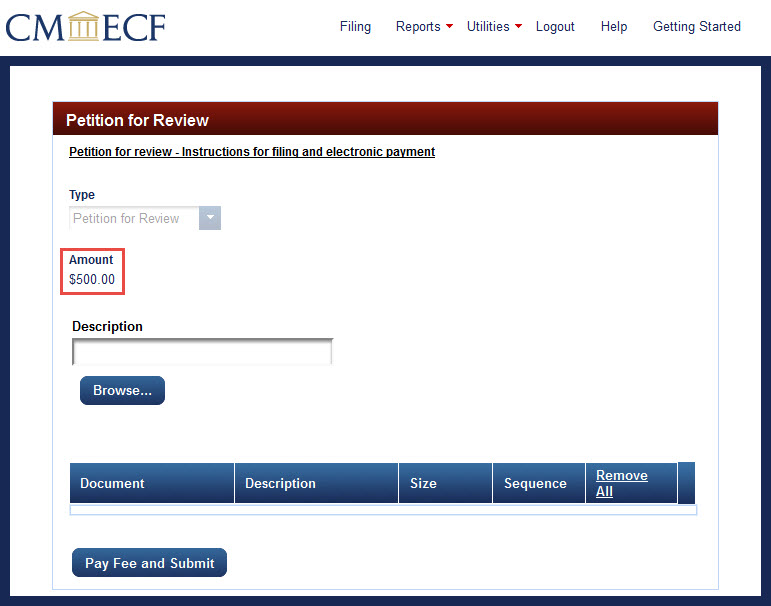 Fee amount highlighted